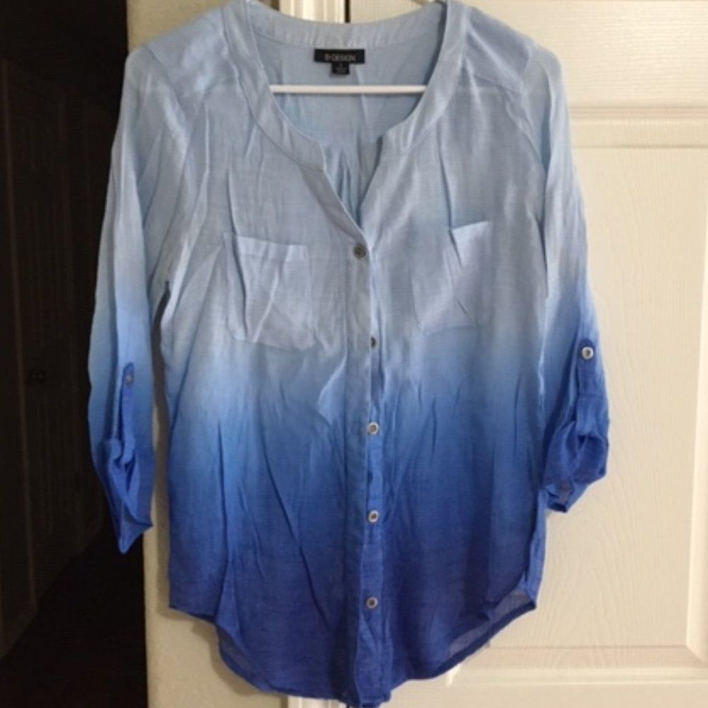 Women's B-Design Long Sleeve Button Up Top--Blue--Size S